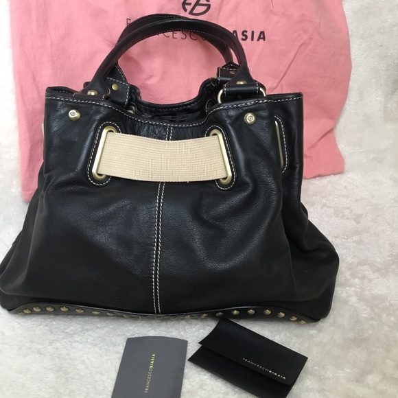 Francesco Biasia Genuine Black Leather Oversized Handbag Push Lock Canvas Strap - Picture 3 of 17